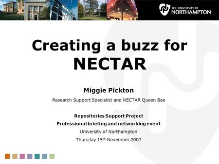 Creating a buzz for NECTAR Miggie Pickton Research Support Specialist and NECTAR Queen Bee Repositories Support Project Professional briefing and networking.