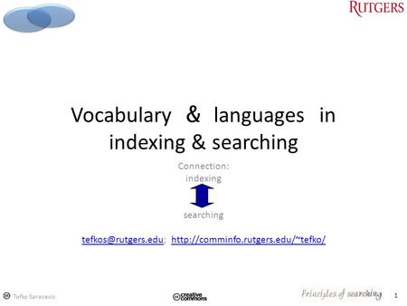 1 Vocabulary & languages in indexing & searching Connection: indexing searching