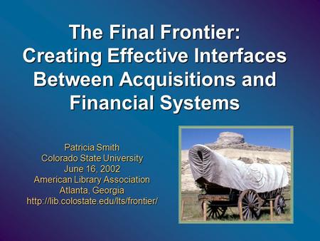The Final Frontier: Creating Effective Interfaces Between Acquisitions and Financial Systems Patricia Smith Colorado State University June 16, 2002 American.