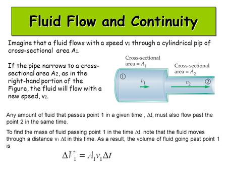 Fluid Flow and Continuity Imagine that a fluid flows with a speed v 1 through a cylindrical pip of cross-sectional area A 1. If the pipe narrows to a cross-