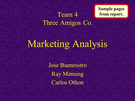 Team 4 Three Amigos Co. Marketing Analysis Jose Buenrostro Ray Mensing Carlos Othon Sample pages from report.