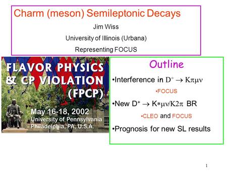 1 Charm (meson) Semileptonic Decays Jim Wiss University of Illinois (Urbana) Representing FOCUS Outline Interference in D +  K  FOCUS New D +  K 