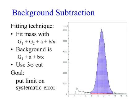 Background Subtraction Fitting technique: Fit mass with G 1 + G 2 + a + b/x Background is G 1 + a + b/x Use 3  cut Goal: put limit on systematic error.