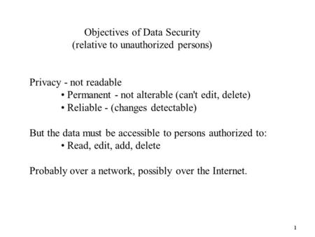 Privacy - not readable Permanent - not alterable (can't edit, delete) Reliable - (changes detectable) But the data must be accessible to persons authorized.