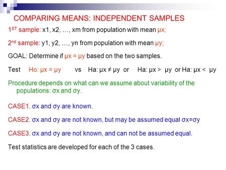 COMPARING MEANS: INDEPENDENT SAMPLES 1 ST sample: x1, x2, …, xm from population with mean μx; 2 nd sample: y1, y2, …, yn from population with mean μy;