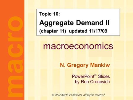 Macroeconomics fifth edition N. Gregory Mankiw PowerPoint ® Slides by Ron Cronovich CHAPTER ELEVEN Aggregate Demand II macro © 2002 Worth Publishers, all.