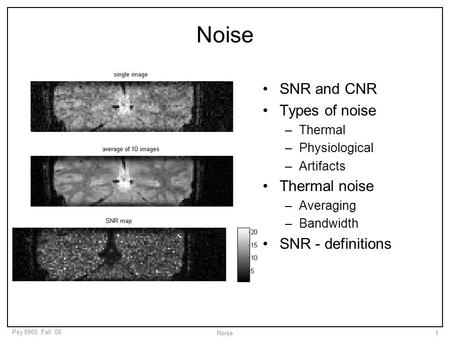 Noise SNR and CNR Types of noise Thermal noise SNR - definitions