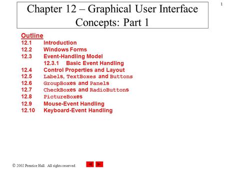  2002 Prentice Hall. All rights reserved. 1 Chapter 12 – Graphical User Interface Concepts: Part 1 Outline 12.1Introduction 12.2 Windows Forms 12.3 Event-Handling.