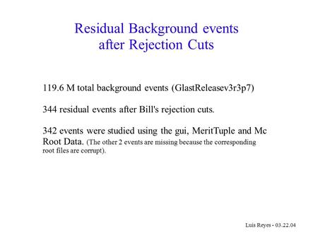 Residual Background events after Rejection Cuts 119.6 M total background events (GlastReleasev3r3p7) 344 residual events after Bill's rejection cuts. 342.