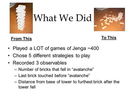 What We Did Played a LOT of games of Jenga ~400 Chose 5 different strategies to play Recorded 3 observables –Number of bricks that fell in “avalanche”