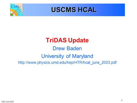 CMS June 2003 1 TriDAS Update Drew Baden University of Maryland  USCMS HCAL.