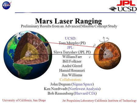 Preliminary Results from an Advanced Mission Concept Study Mars Laser Ranging UCSD: Tom Murphy (PI) JPL: Slava Turyshev (JPL PI) William Farr Bill Folkner.