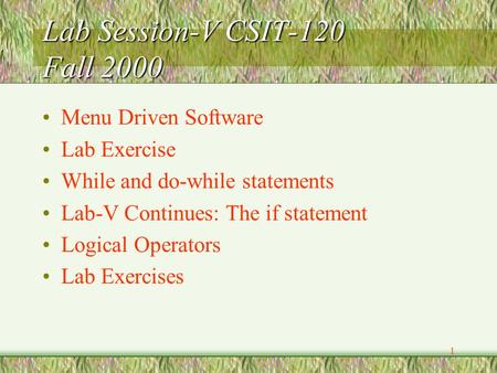 1 Lab Session-V CSIT-120 Fall 2000 Menu Driven Software Lab Exercise While and do-while statements Lab-V Continues: The if statement Logical Operators.