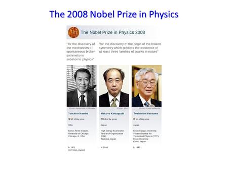 The 2008 Nobel Prize in Physics. Symmetries Symmetries often give us a way to characterize how forces interact. Here, a mirror symmetry flips left and.