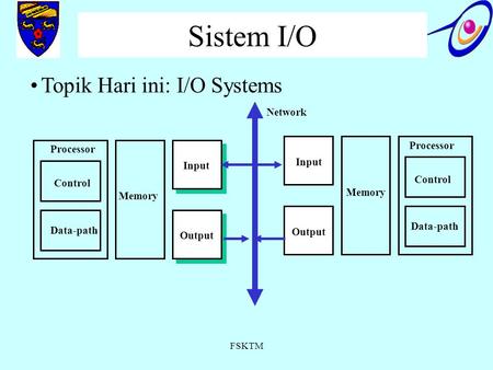 FSKTM Sistem I/O Control Data-path Memory Processor Input Output Topik Hari ini: I/O Systems Control Data-path Memory Processor Input Output Network.
