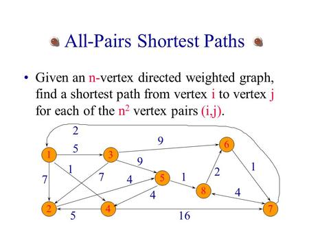 All-Pairs Shortest Paths Given an n-vertex directed weighted graph, find a shortest path from vertex i to vertex j for each of the n 2 vertex pairs (i,j).
