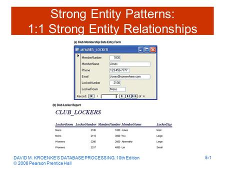 DAVID M. KROENKE’S DATABASE PROCESSING, 10th Edition © 2006 Pearson Prentice Hall 5-1 Strong Entity Patterns: 1:1 Strong Entity Relationships.
