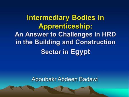 Intermediary Bodies in Apprenticeship: An Answer to Challenges in HRD in the Building and Construction Sector in Egypt Aboubakr Abdeen Badawi.