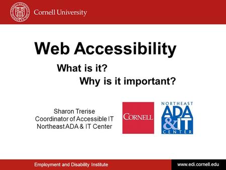 Web Accessibility What is it? Why is it important? Sharon Trerise Coordinator of Accessible IT Northeast ADA & IT Center Employment and Disability Institute.