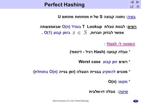 1 Data Structures, CS, TAU, Perfect Hashing בעיה: נתונה קבוצה S של n מפתחות מתחום U השוואה ל- Hash : * טבלה קבועה (Hash רגיל - דינאמי) * רוצים זמן קבוע.