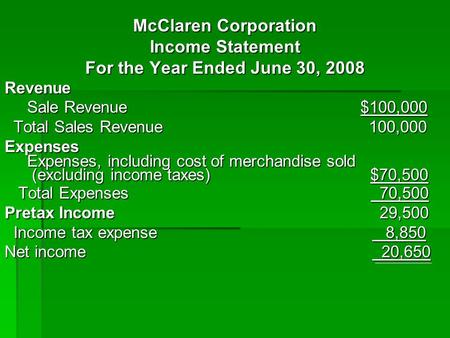 McClaren Corporation Income Statement For the Year Ended June 30, 2008 Revenue Sale Revenue $100,000 Sale Revenue $100,000 Total Sales Revenue 100,000.