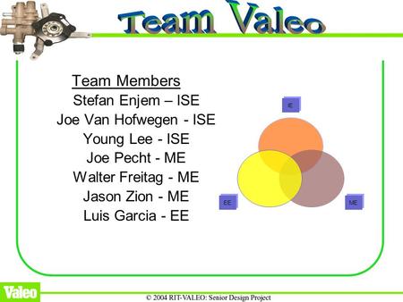 Team Members Stefan Enjem – ISE Joe Van Hofwegen - ISE Young Lee - ISE Joe Pecht - ME Walter Freitag - ME Jason Zion - ME Luis Garcia - EE IE MEEE.
