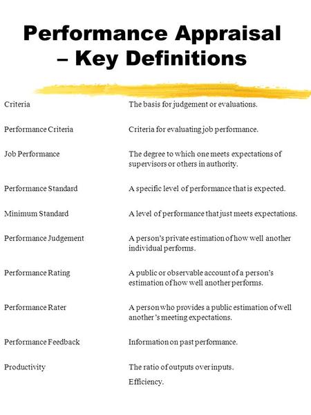 Performance Appraisal – Key Definitions CriteriaThe basis for judgement or evaluations. Performance CriteriaCriteria for evaluating job performance. Job.
