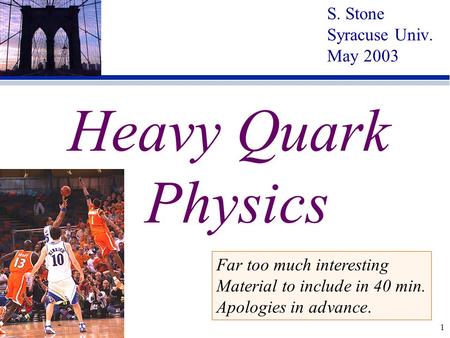 1 S. Stone Syracuse Univ. May 2003 Heavy Quark Physics Far too much interesting Material to include in 40 min. Apologies in advance.