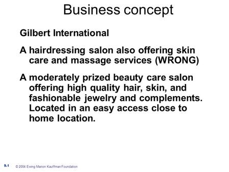 Business concept Gilbert International A hairdressing salon also offering skin care and massage services (WRONG) A moderately prized beauty care salon.
