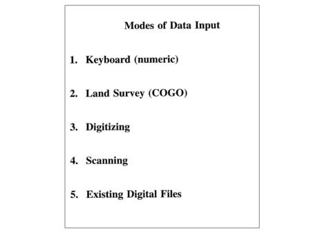 Data Input How do I transfer the paper map data and attribute data to a format that is usable by the GIS software? Data input involves both locational.
