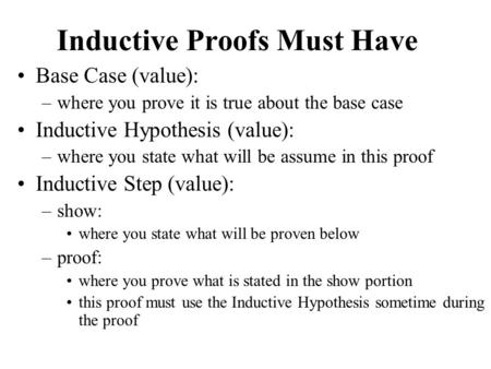 Inductive Proofs Must Have Base Case (value): –where you prove it is true about the base case Inductive Hypothesis (value): –where you state what will.