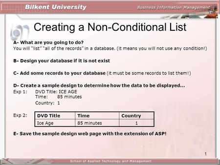 1 Creating a Non-Conditional List A- What are you going to do? You will “list” “all of the records” in a database. (it means you will not use any condition!)