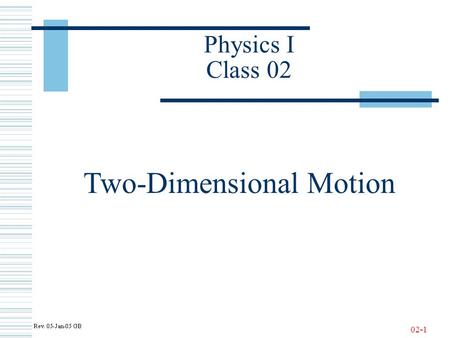 02-1 Physics I Class 02 Two-Dimensional Motion. 02-2 One-Dimensional Motion with Constant Acceleration - Review.