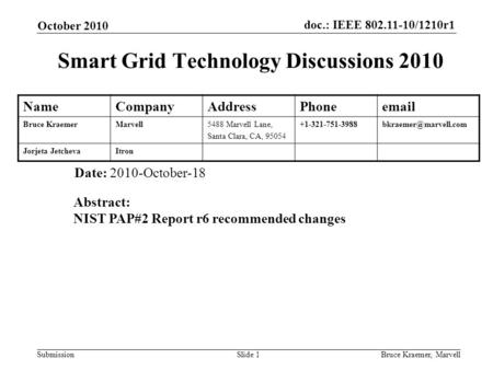 Doc.: IEEE 802.11-10/1210r1 Submission October 2010 Bruce Kraemer, MarvellSlide 1 Smart Grid Technology Discussions 2010 Date: 2010-October-18 Abstract: