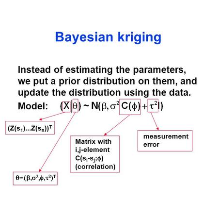 Bayesian kriging Instead of estimating the parameters, we put a prior distribution on them, and update the distribution using the data. Model: Matrix with.