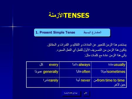TENSES الأزمنة 1. Present Simple Tense  المضارع البسيط