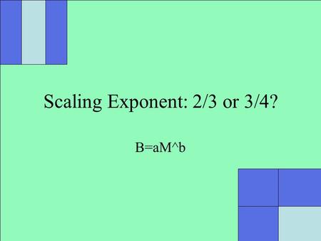 Scaling Exponent: 2/3 or 3/4? B=aM^b. Scaling Exponents Should it be 2/3 or 3/4? (theoretical controversy) Is it 2/3 or 3/4? (empirical controversy) How.