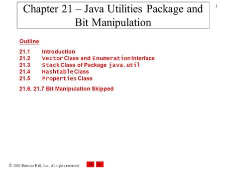  2003 Prentice Hall, Inc. All rights reserved. 1 Chapter 21 – Java Utilities Package and Bit Manipulation Outline 21.1 Introduction 21.2 Vector Class.