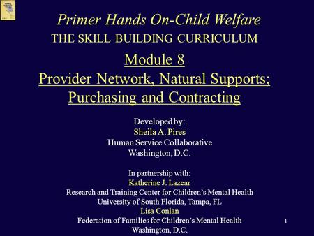 1 THE SKILL BUILDING CURRICULUM Module 8 Provider Network, Natural Supports; Purchasing and Contracting Developed by: Sheila A. Pires Human Service Collaborative.