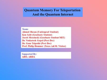 Quantum Memory For Teleportation And the Quantum Internet Team: Ahmed Hasan (Undergrad Student) Ken Salit (Graduate Student) Jacob Morzinski (Graduate.