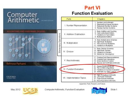 May 2012Computer Arithmetic, Function EvaluationSlide 1 Part VI Function Evaluation 28. Reconfigurable Arithmetic Appendix: Past, Present, and Future.
