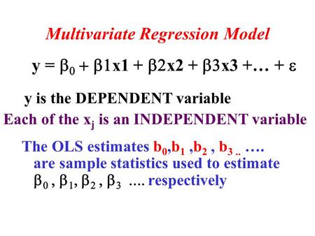 Multivariate Regression Model y =    x1 +  x2 +  x3 +… +  The OLS estimates b 0,b 1,b 2, b 3.. …. are sample statistics used to estimate 