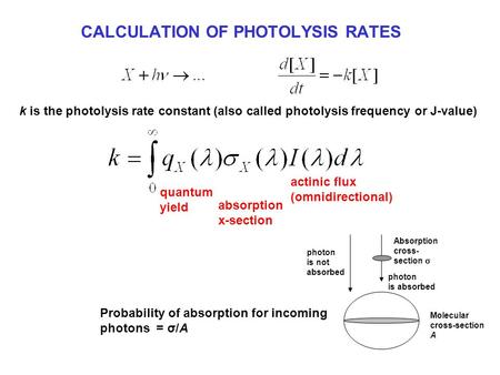 CALCULATION OF PHOTOLYSIS RATES k is the photolysis rate constant (also called photolysis frequency or J-value) quantum yield absorption x-section actinic.