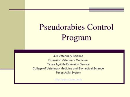 Pseudorabies Control Program 4-H Veterinary Science Extension Veterinary Medicine Texas AgriLife Extension Service College of Veterinary Medicine and Biomedical.