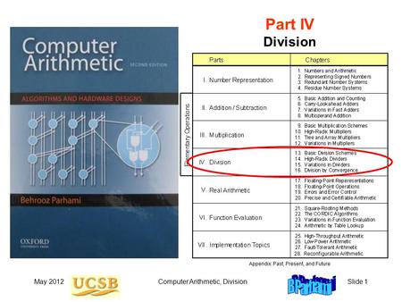 May 2012Computer Arithmetic, DivisionSlide 1 Part IV Division 28. Reconfigurable Arithmetic Appendix: Past, Present, and Future.