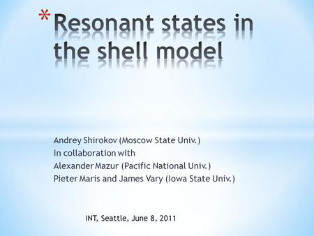 Andrey Shirokov (Moscow State Univ.) In collaboration with Alexander Mazur (Pacific National Univ.) Pieter Maris and James Vary (Iowa State Univ.) INT,