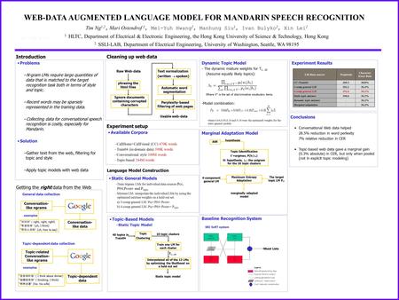WEB-DATA AUGMENTED LANGUAGE MODEL FOR MANDARIN SPEECH RECOGNITION Tim Ng 1,2, Mari Ostendrof 2, Mei-Yuh Hwang 2, Manhung Siu 1, Ivan Bulyko 2, Xin Lei.
