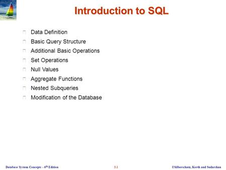 ©Silberschatz, Korth and Sudarshan3.1Database System Concepts - 6 th Edition Introduction to SQL Introduction to SQL Data Definition Basic Query Structure.