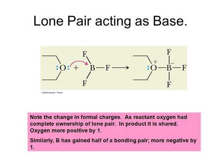 Lone Pair acting as Base. Note the change in formal charges. As reactant oxygen had complete ownership of lone pair. In product it is shared. Oxygen more.