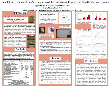 Population Dynamics of Daphina magna in relation to Carrying Capacity in Closed Ecological Systems Reported by Yuichi “Eugene” Saito and David Barbee Faculty.